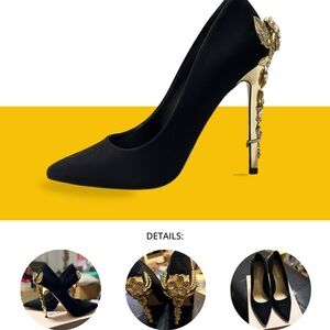JustFab Tulia Black Pointed Toe Pumps • Gold Filigree Heel Detail